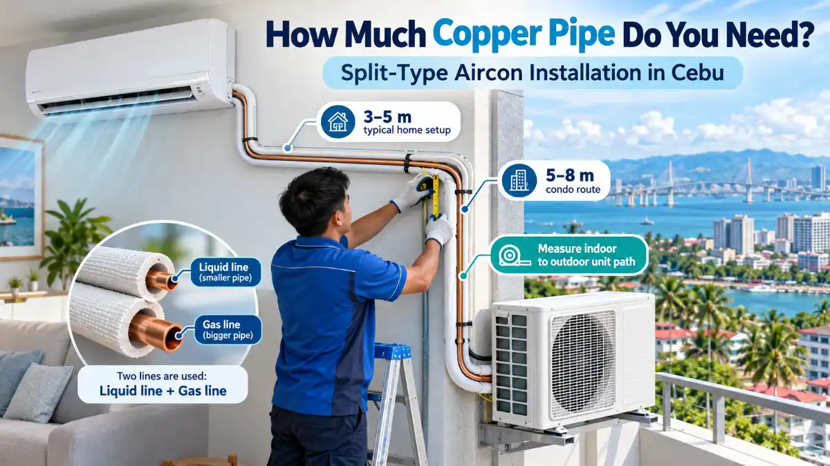 Copper refrigerant piping connecting an indoor split-type aircon to an outdoor condenser during installation in Cebu